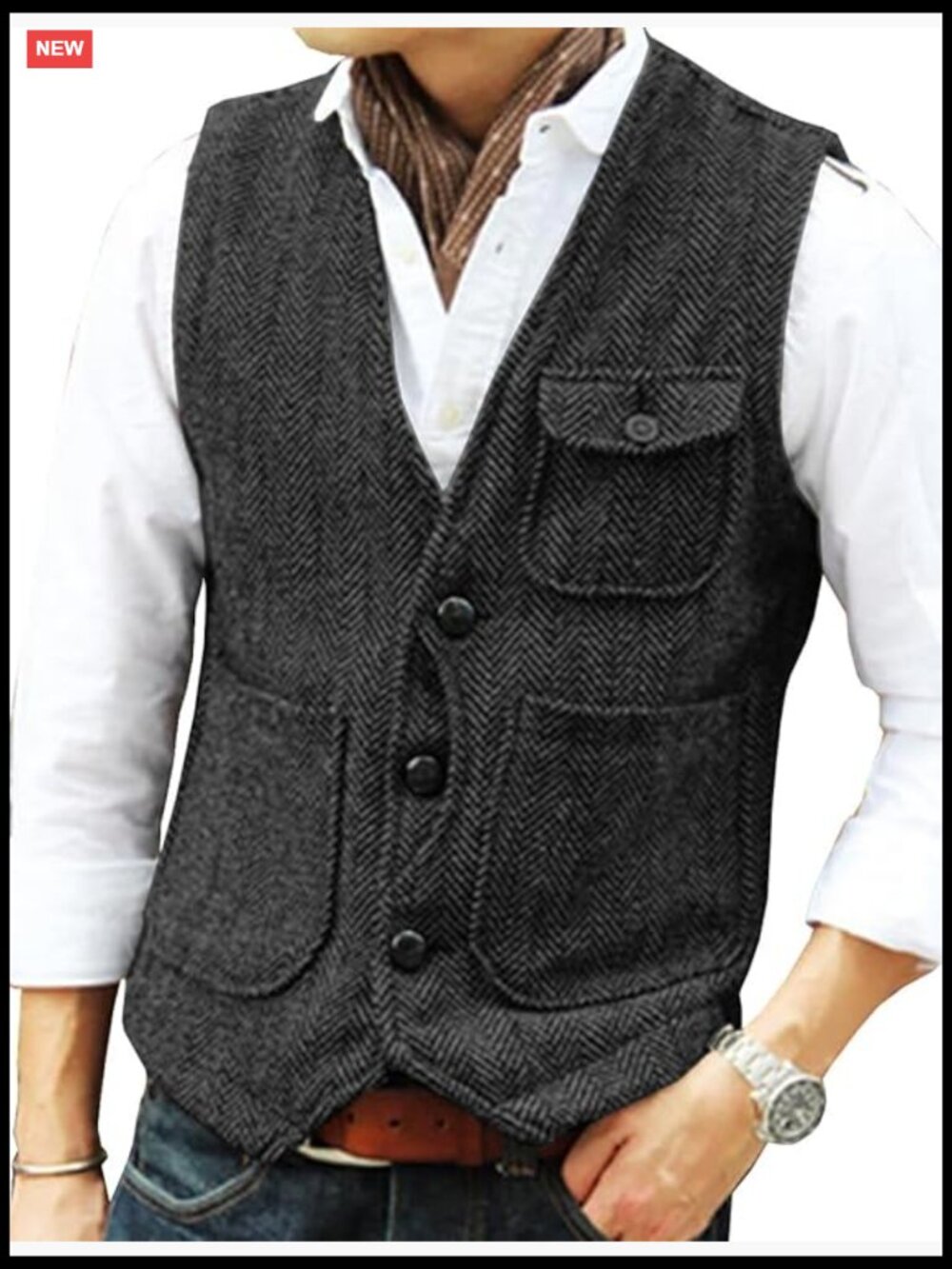 Men's Classic Wool Blend Herringbone Vest Single Breasted 3 Button